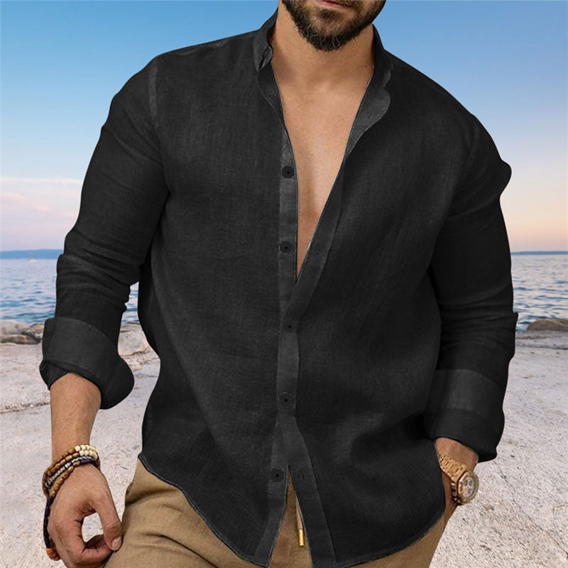 Men’s Linen Casual Shirt | Black & White Button Long Sleeve Beachwear S-3XL