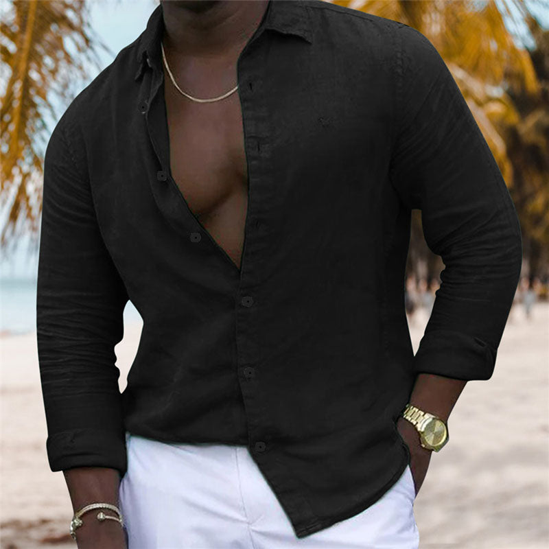 Men’s Linen Casual Shirt | Black & White Button Long Sleeve Beachwear S-3XL