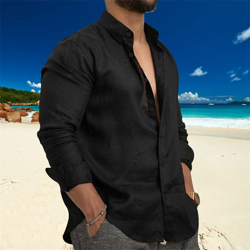 Men’s Linen Casual Shirt | Black & White Button Long Sleeve Beachwear S-3XL