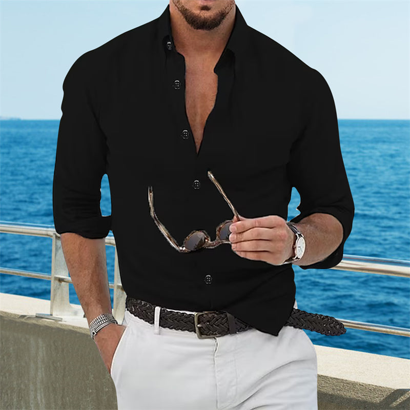 Men’s Linen Casual Shirt | Black & White Button Long Sleeve Beachwear S-3XL