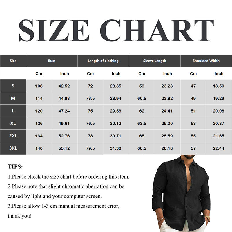 Men’s Linen Casual Shirt | Black & White Button Long Sleeve Beachwear S-3XL