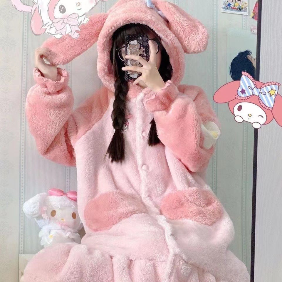 Kawaii Sanrio Hello Kitty Velvet Pajamas Set | Cute Cartoon Nightgown & Bathrobe | Girls & Couples Soft Home Wear