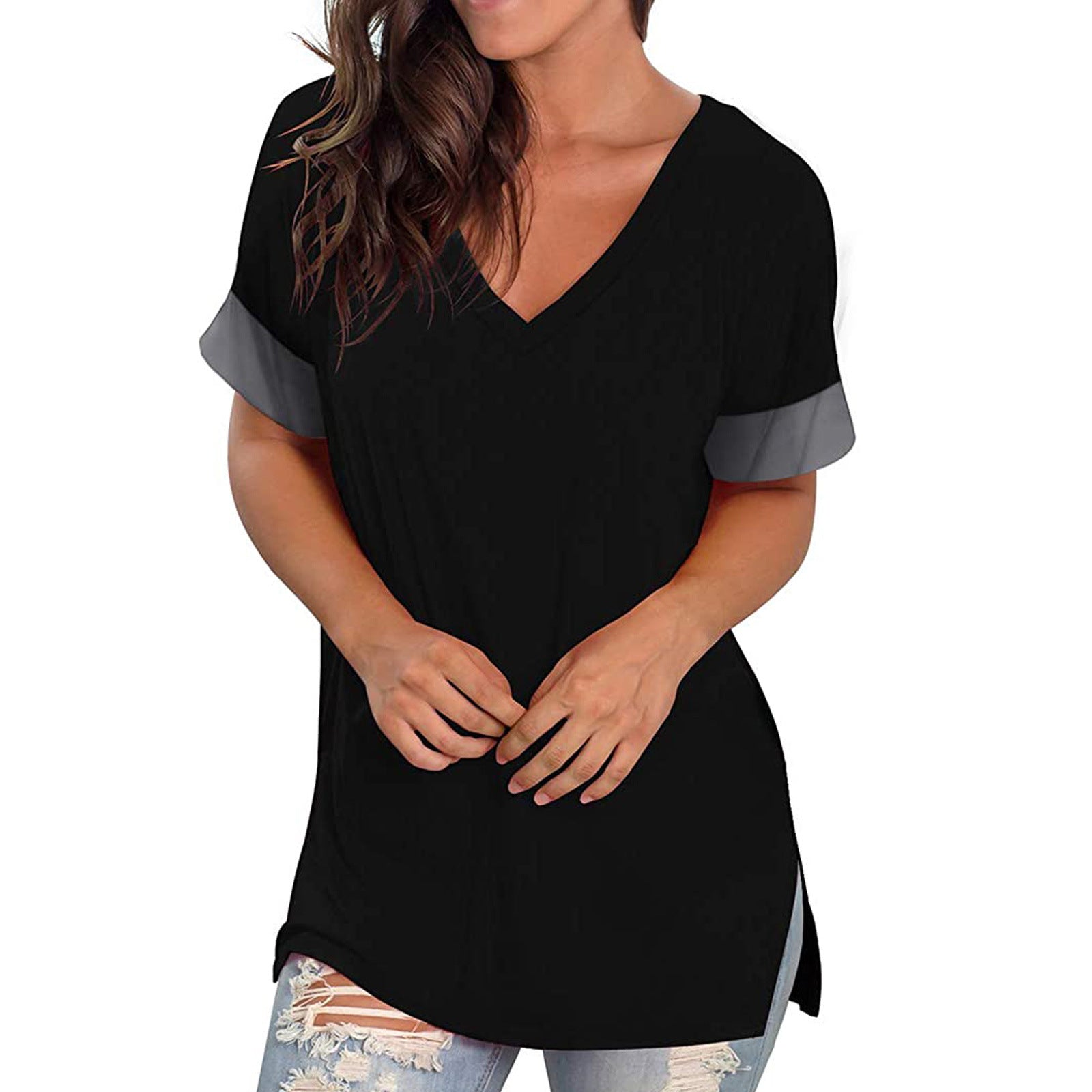 2024 Spring Summer Women’s Solid Color V-Neck Short Sleeve Base Shirt | Casual Lightweight Stitching Top