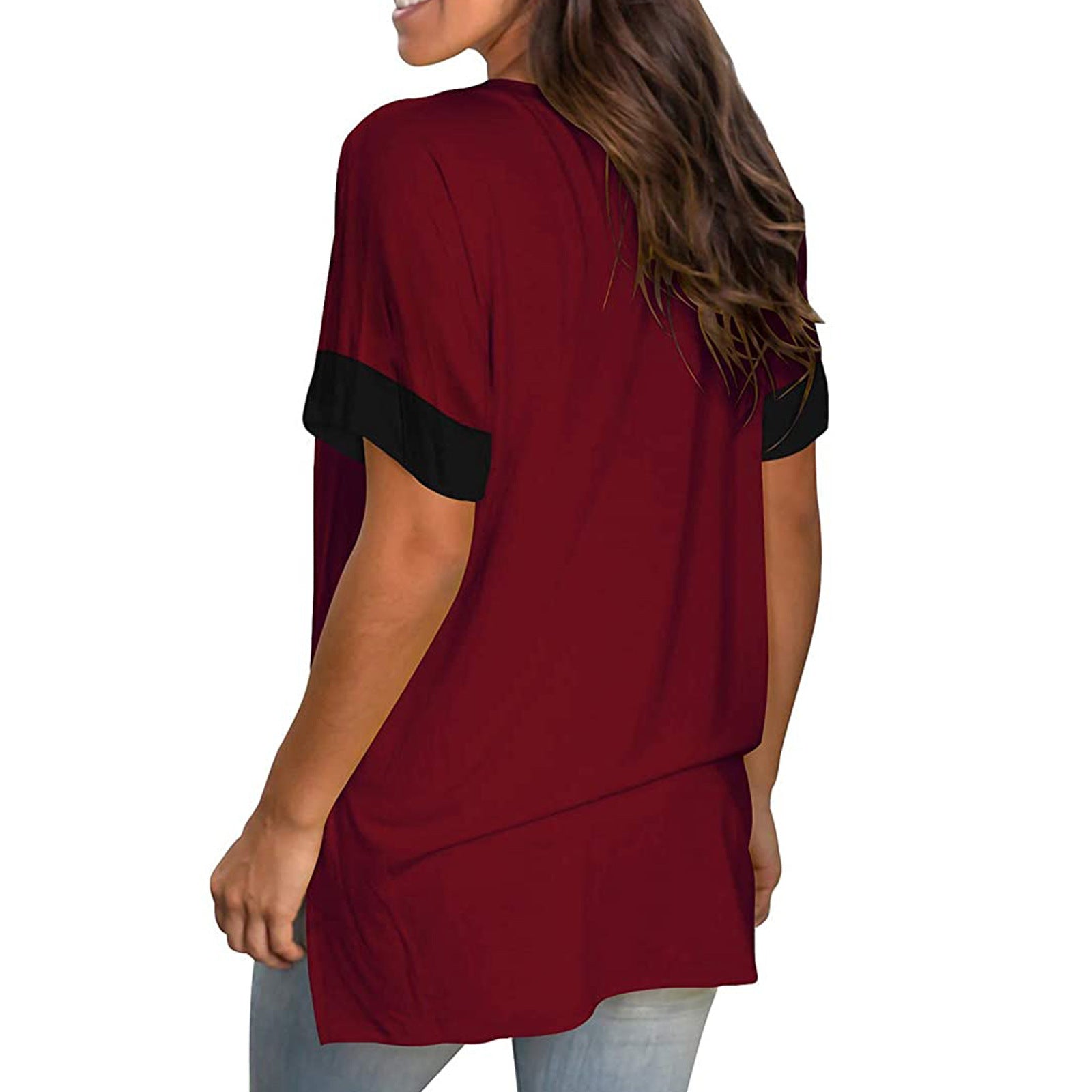 2024 Spring Summer Women’s Solid Color V-Neck Short Sleeve Base Shirt | Casual Lightweight Stitching Top