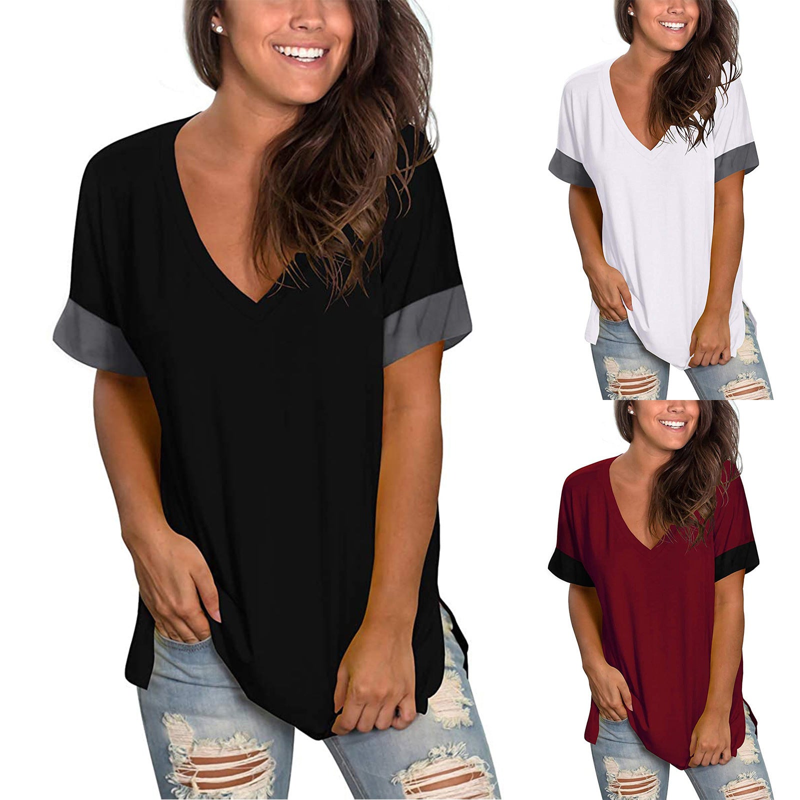 2024 Spring Summer Women’s Solid Color V-Neck Short Sleeve Base Shirt | Casual Lightweight Stitching Top