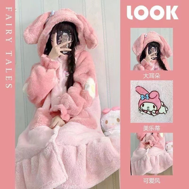 Kawaii Sanrio Hello Kitty Velvet Pajamas Set | Cute Cartoon Nightgown & Bathrobe | Girls & Couples Soft Home Wear