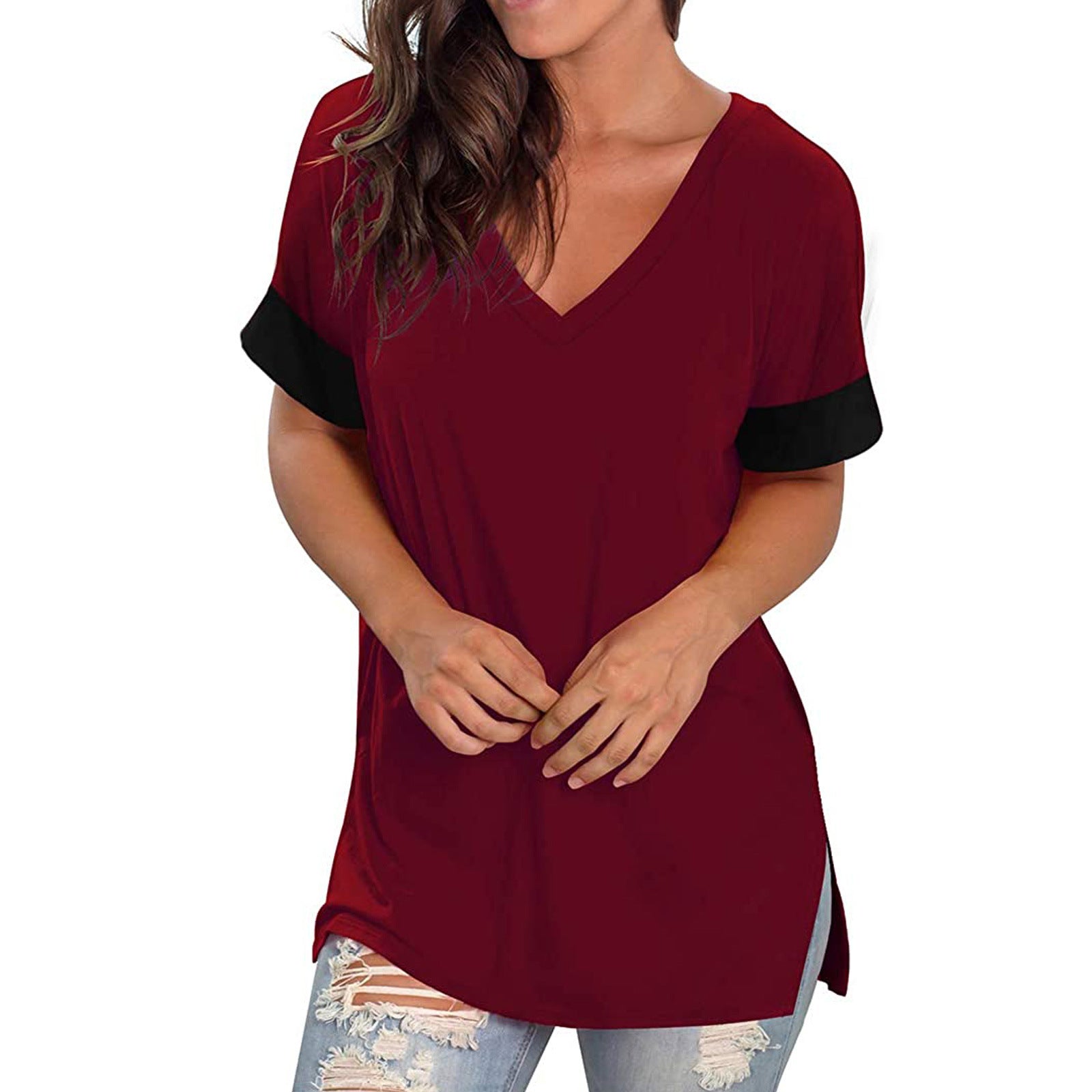 2024 Spring Summer Women’s Solid Color V-Neck Short Sleeve Base Shirt | Casual Lightweight Stitching Top