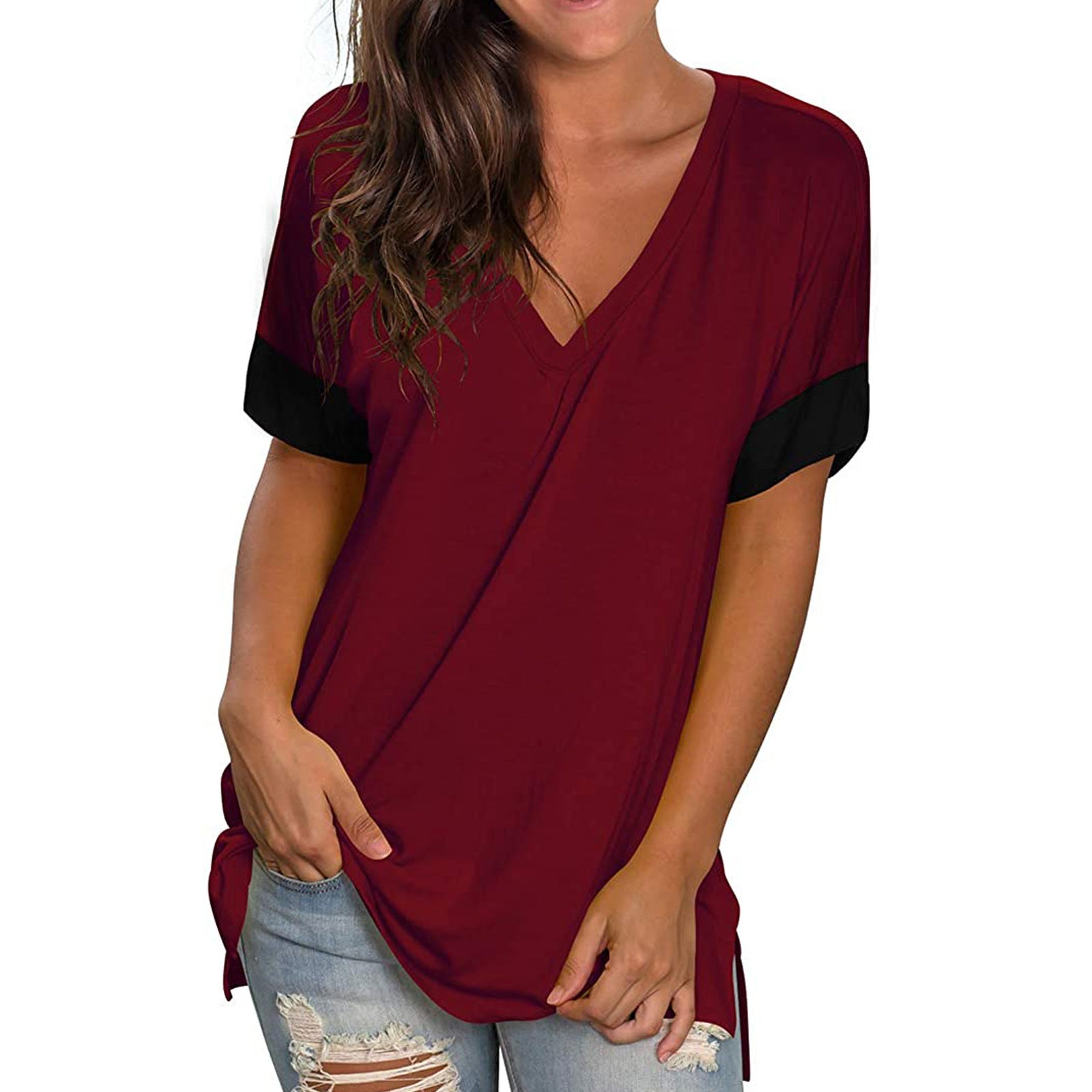 2024 Spring Summer Women’s Solid Color V-Neck Short Sleeve Base Shirt | Casual Lightweight Stitching Top