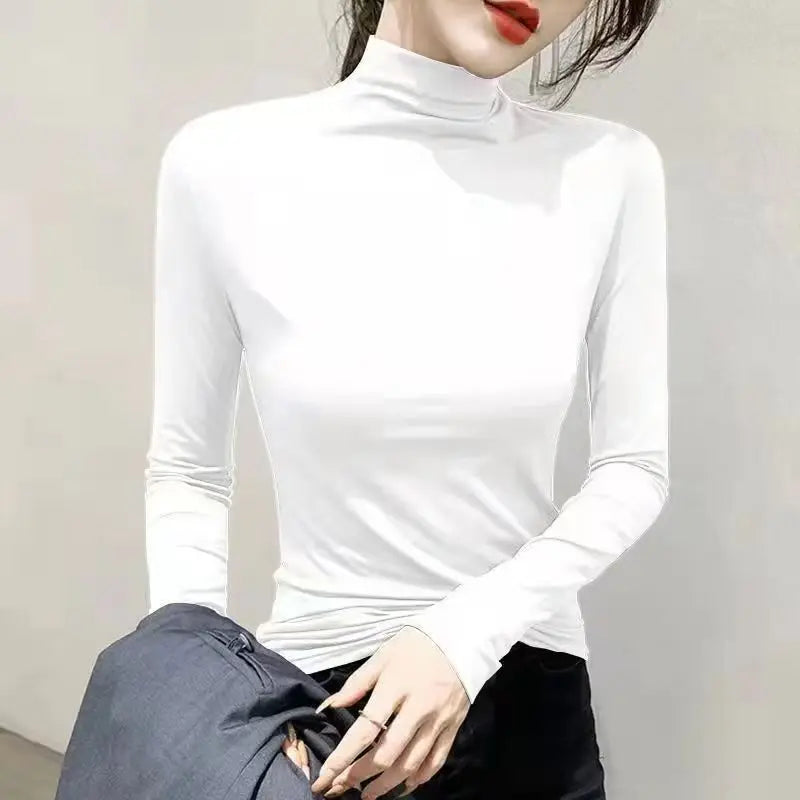 2024 Women’s Black Turtleneck Long Sleeve T-Shirt | Elegant Modal Y2K Korean Fashion Top for Autumn & Winter