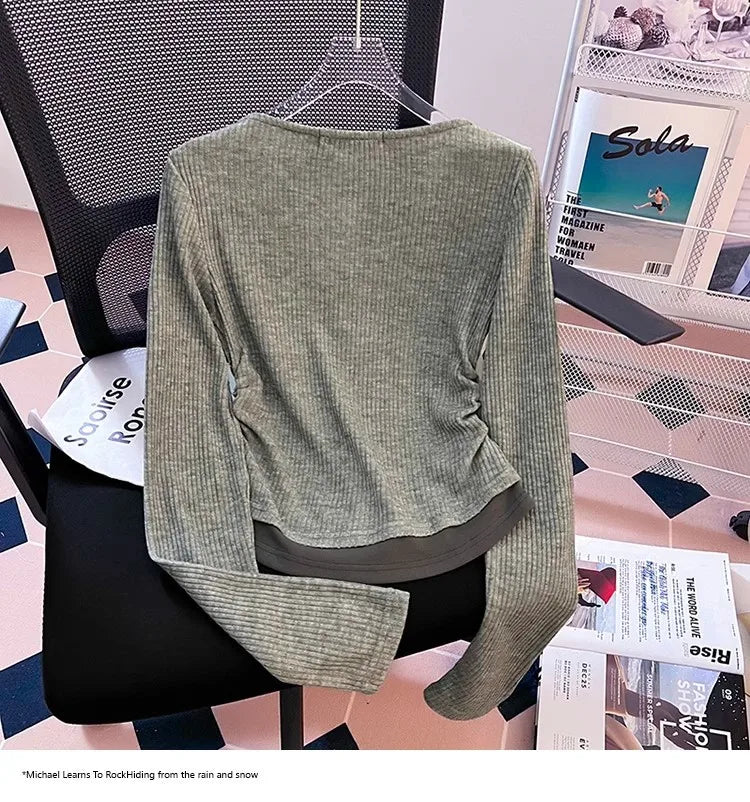 Unique Design Long Sleeve Slim Fit T-Shirt – Women's Plus Size Early Autumn Base Shirt, Korean Style Knitted Top
