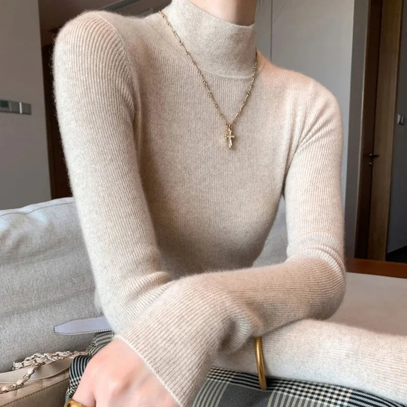 2025 Women’s Slim Fit Turtleneck Sweater – Long Sleeve Solid Color Knitted Pullover for Autumn Winter