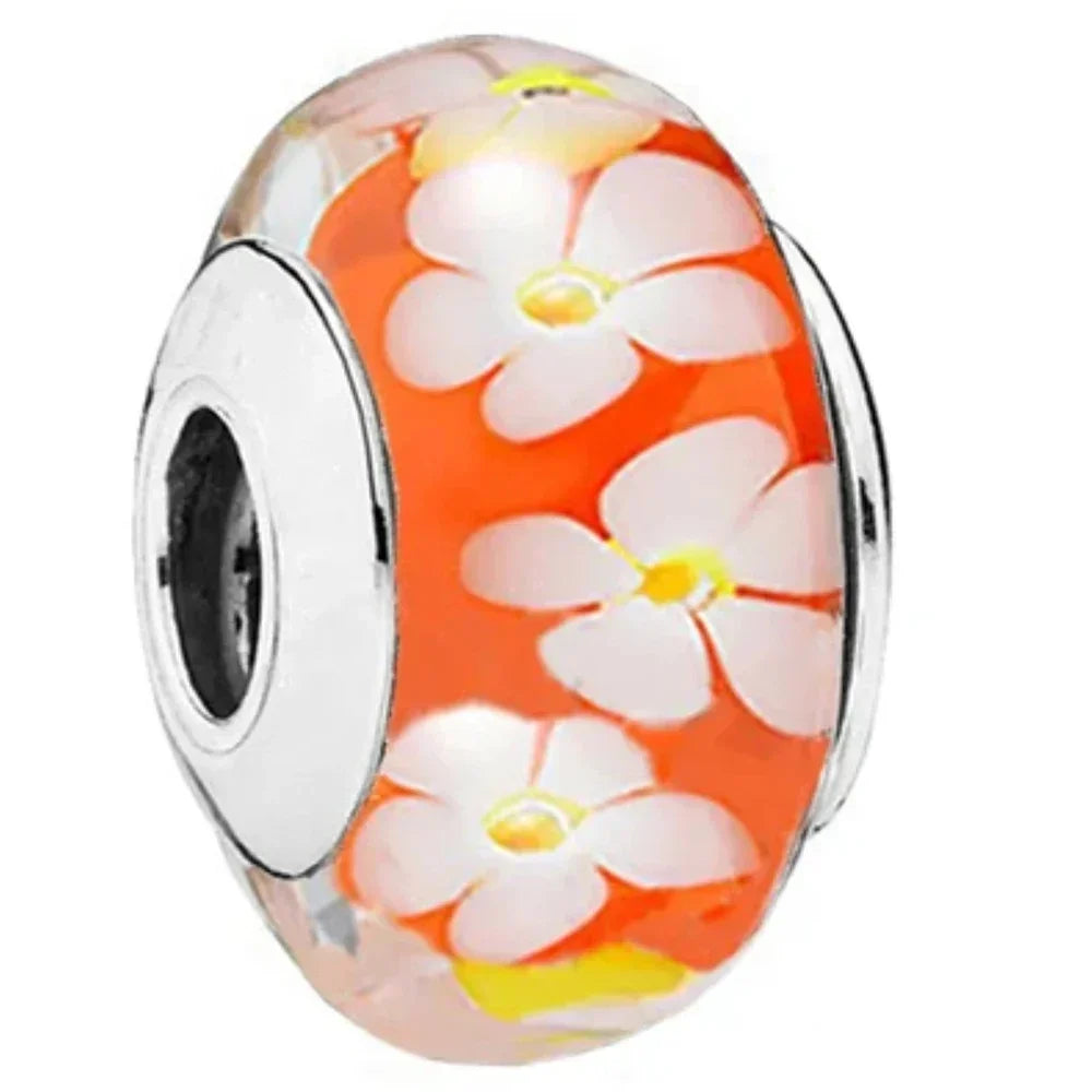 2025 Classic 925 Sterling Silver Colored Flower & Leaf Murano Glass Charm Beads | DIY Bracelet