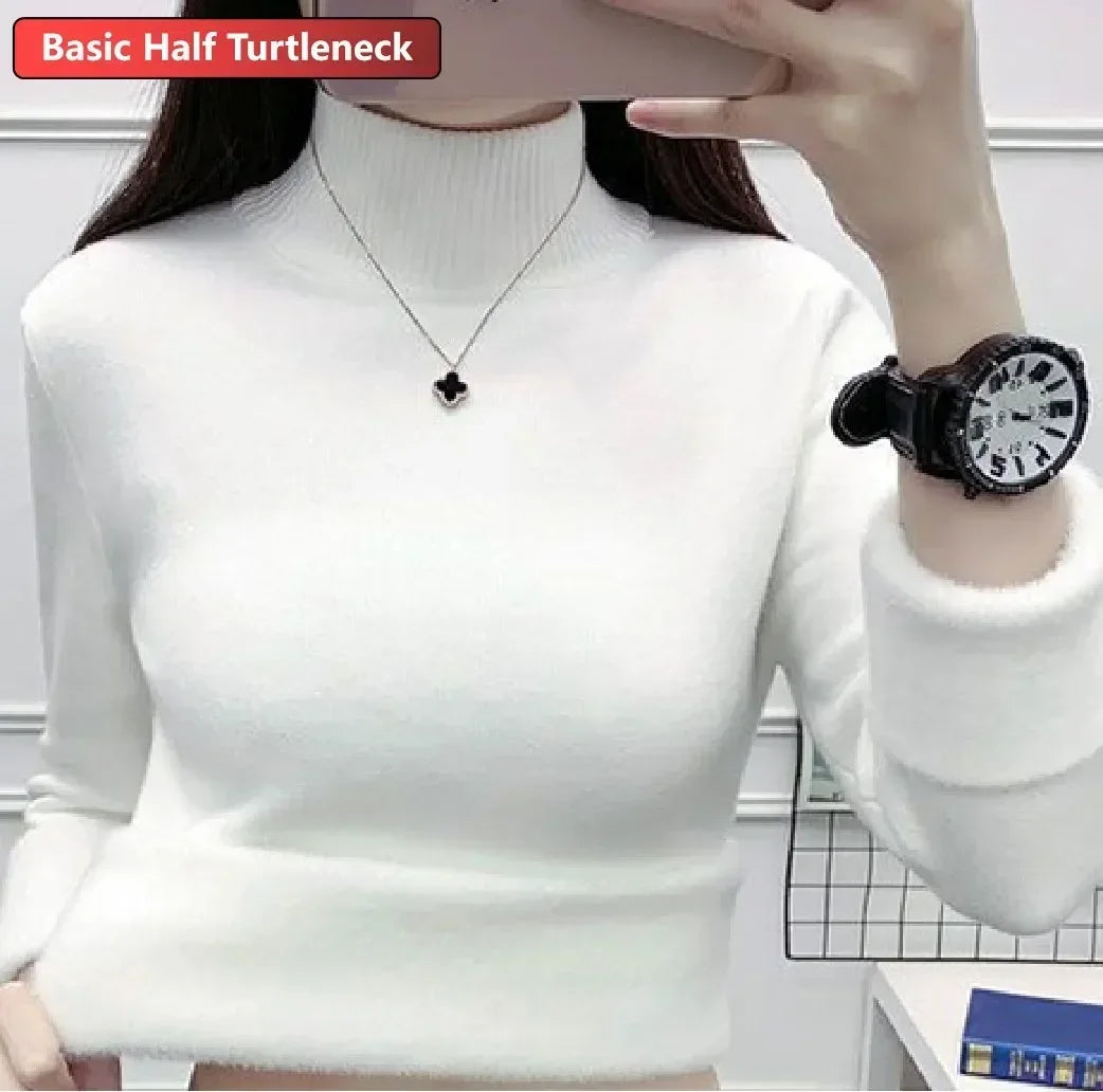 Women Winter Thicken Turtleneck Sweater – Slim Knit Plush Velvet Lined Warm Pullover Jumper