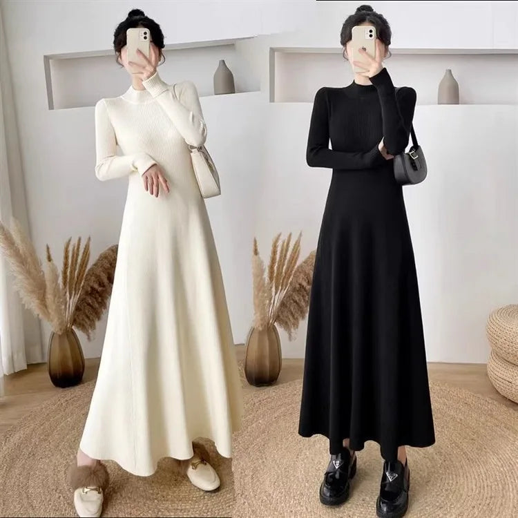 Women’s Knitted A-Line Dress – Slimming Waist Design Autumn Winter Sweater Long Dress | High-End Inner Wear