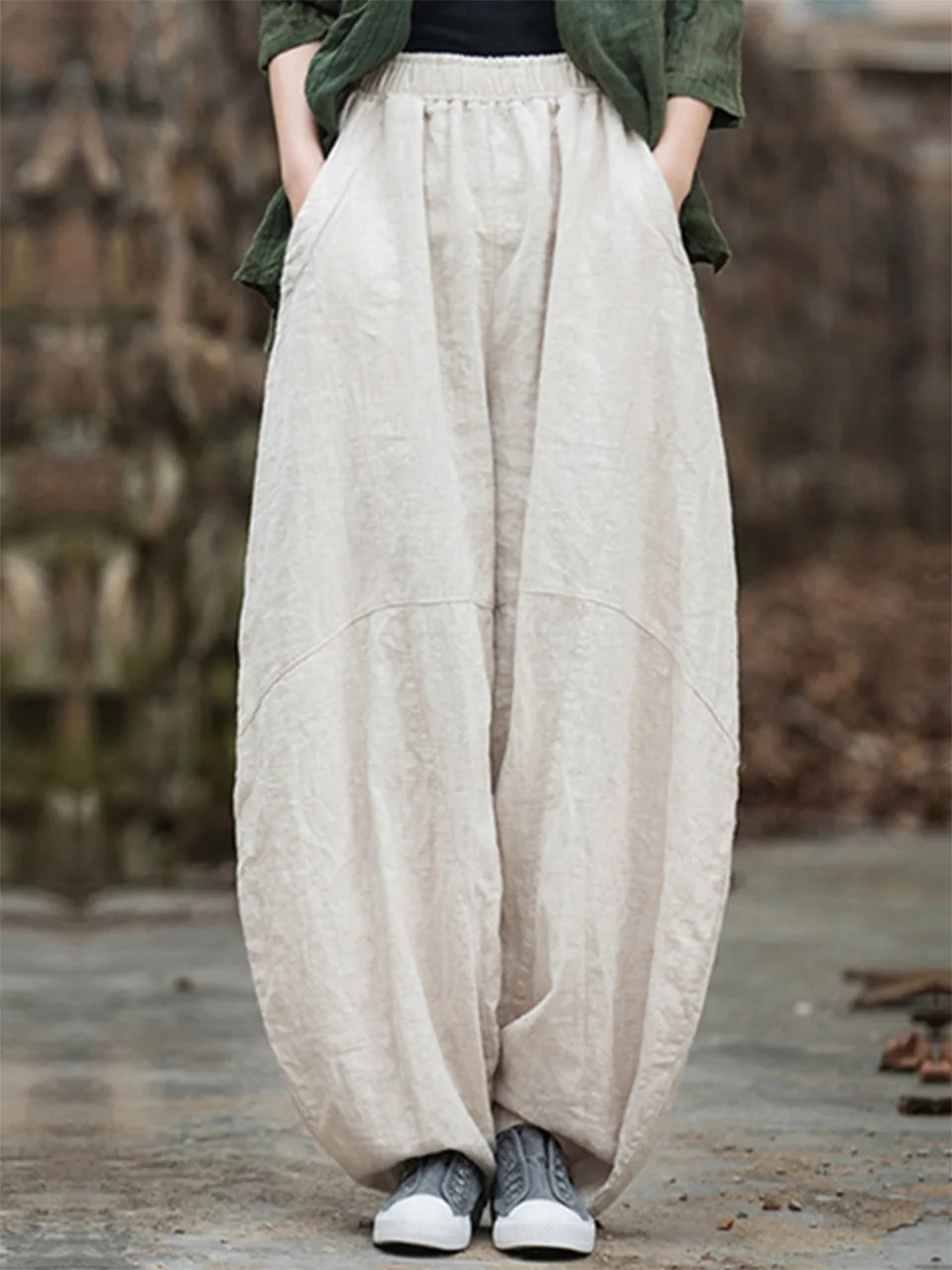Elegant Women’s Cotton Linen Baggy Cargo Pants – Vintage Elastic Waist Wide-Leg Casual Trousers