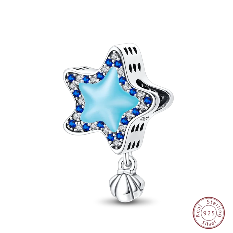 925 Sterling Silver Blue Zircon Ocean Shell Beaded Pendant | Fit Original 3mm Bracelet Women’s Fine Jewelry