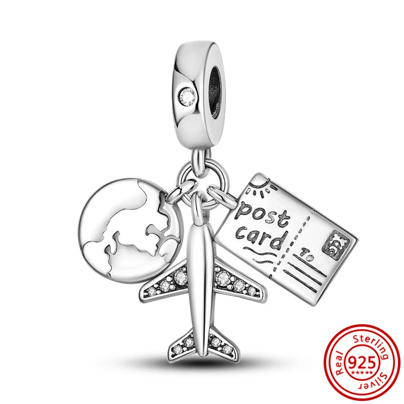 925 Sterling Silver Travel Series Charms | Airplane Passport Luggage Sun Moon Star Beads Fit Original Bracelet Jewelry