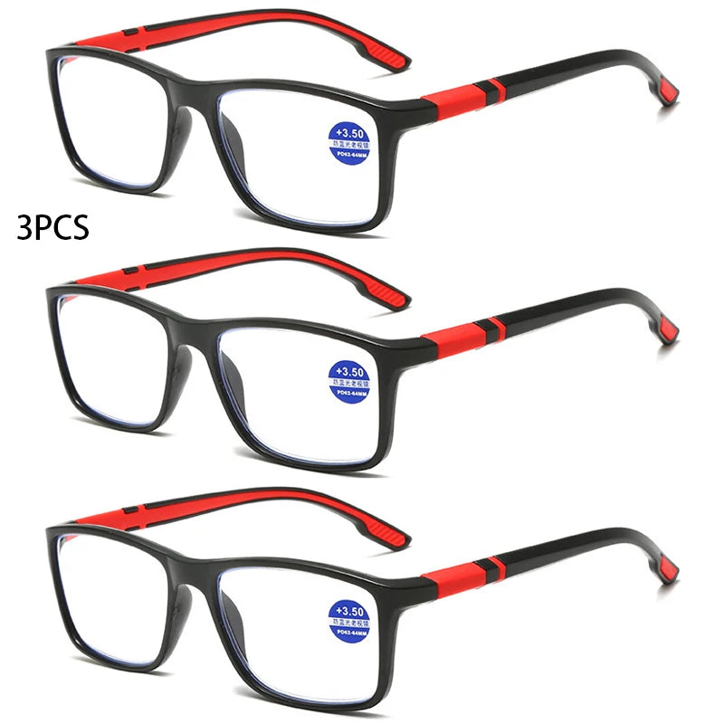 3PCS Reading Glasses Men Women Sports Anti-blue Light Reading Eyewear Red TR90 Frame Presbyopia Eyeglasses +100 to+400 glasses