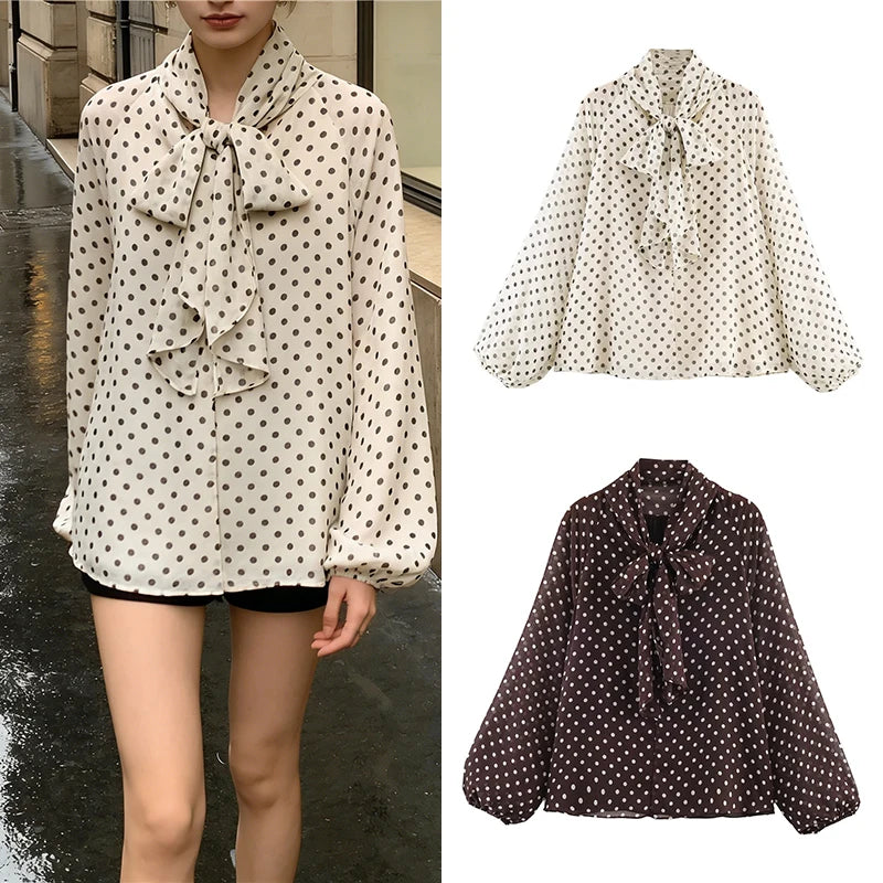 Women’s Polka Dot Shirt – Beige/Brown High Neck Puff Sleeve Casual Loose Top Fashion Commuter Style 🌿✨