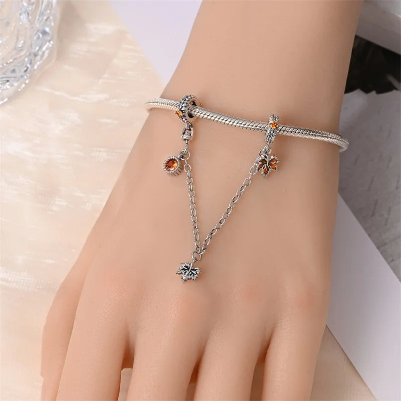 925 Sterling Silver Squirrel & Maple Leaf Charm | Shiny Zircon Autumn Beads Fit Pandora Bracelet DIY Jewelry