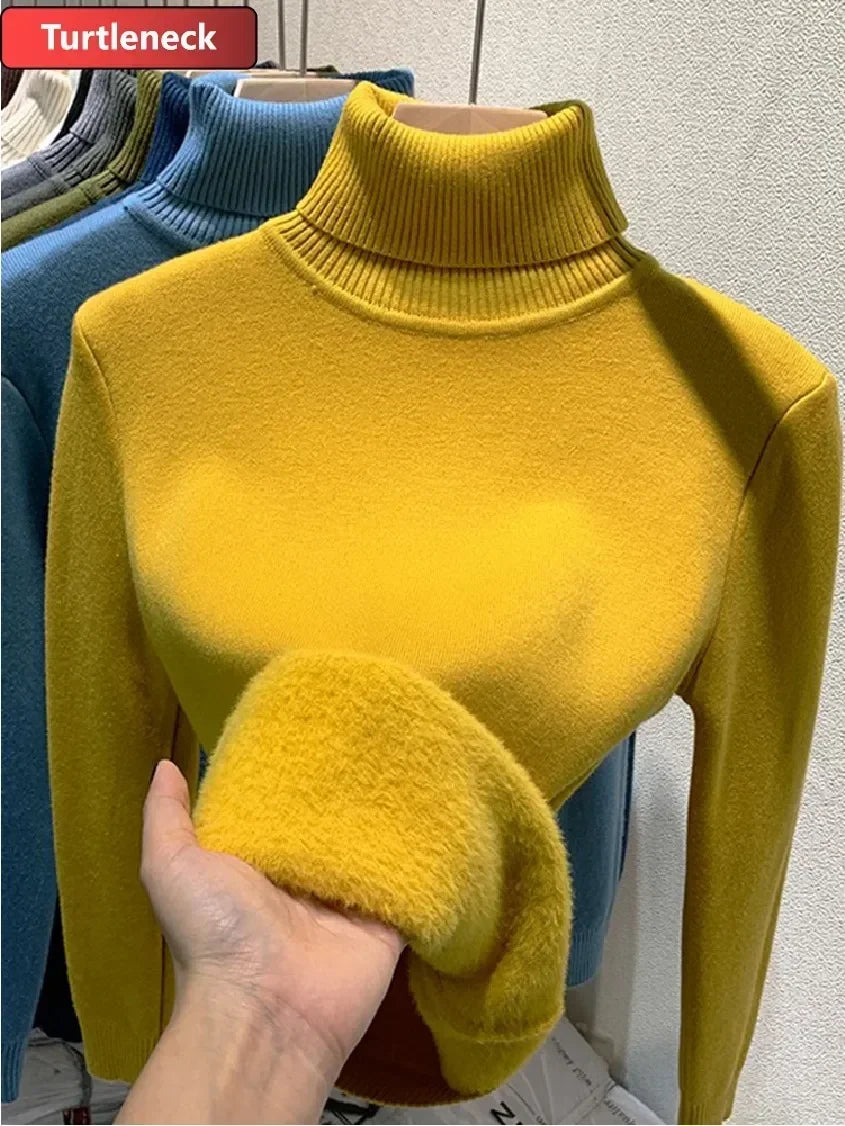 Women Winter Thicken Turtleneck Sweater – Slim Knit Plush Velvet Lined Warm Pullover Jumper