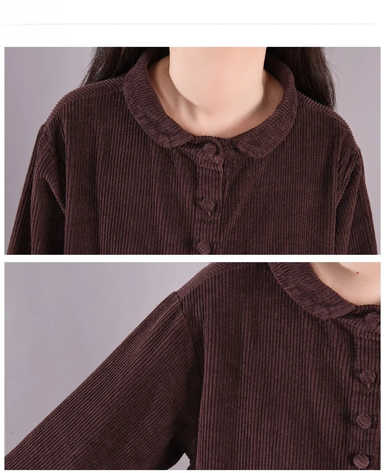 Retro Pure Color Corduroy Dr Loose Casual Long irt Dr Women's A-Line Skirt Long Sve  Collar Single Button Closure