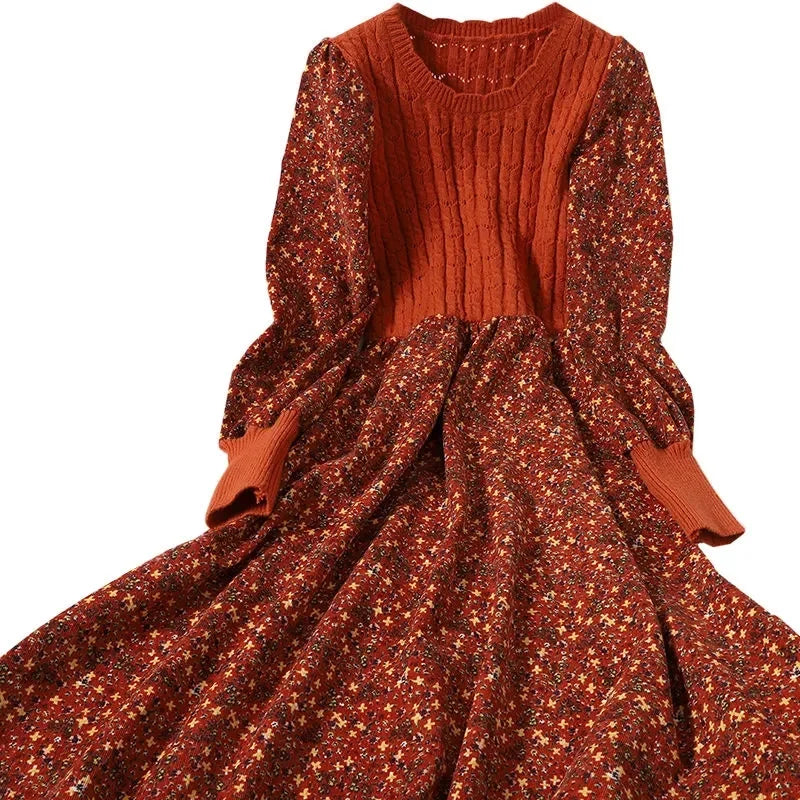 2023 Autumn Winter Korean Slimming Spliced Strap Knitted Long Dress – Corduroy Floral Fashion Dress