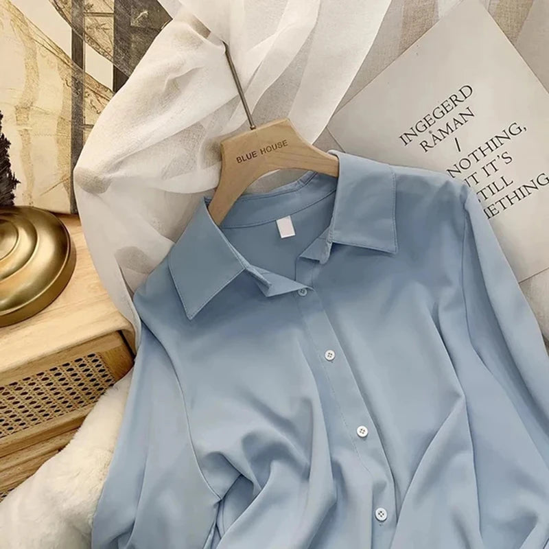 Women’s Chiffon White Shirt – Korean Fashion Loose Long Sleeve Elegant Office Blouse 🤍✨