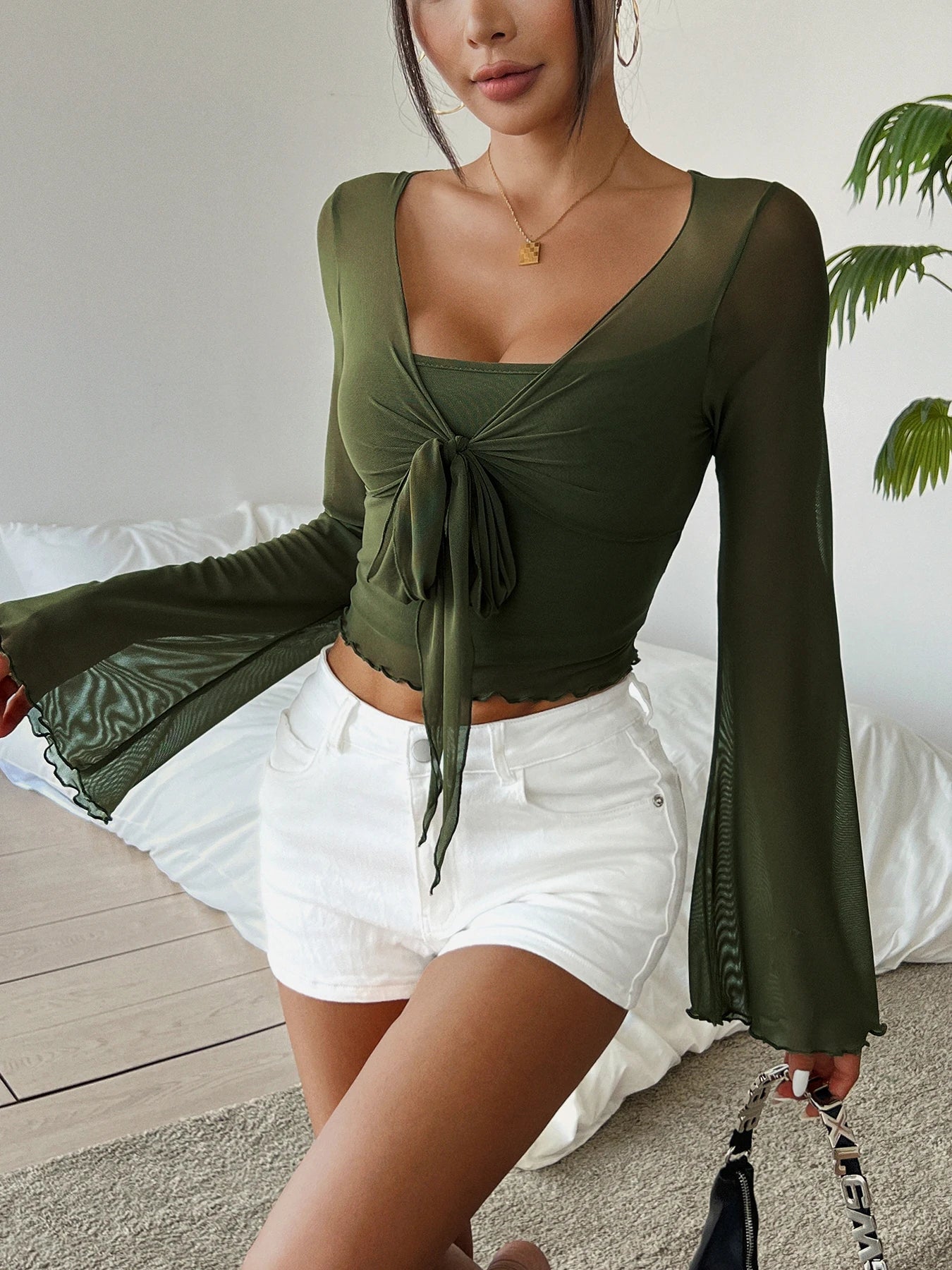 Women’s Solid Color V-Neck Ruched T-Shirt – Elegant Flare Sleeve Tie Front Top for Spring & Fall