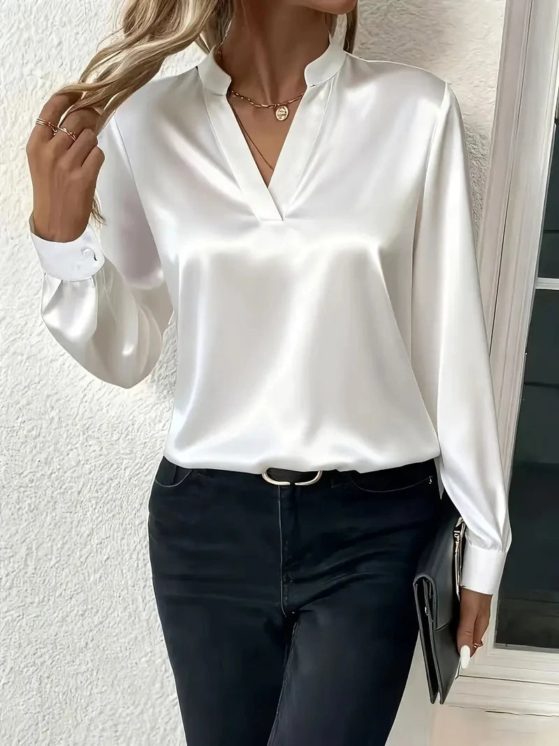 Elegant Long Sleeve V-Neck Silk-Like Top for Women – Office & Evening Wear Blouse