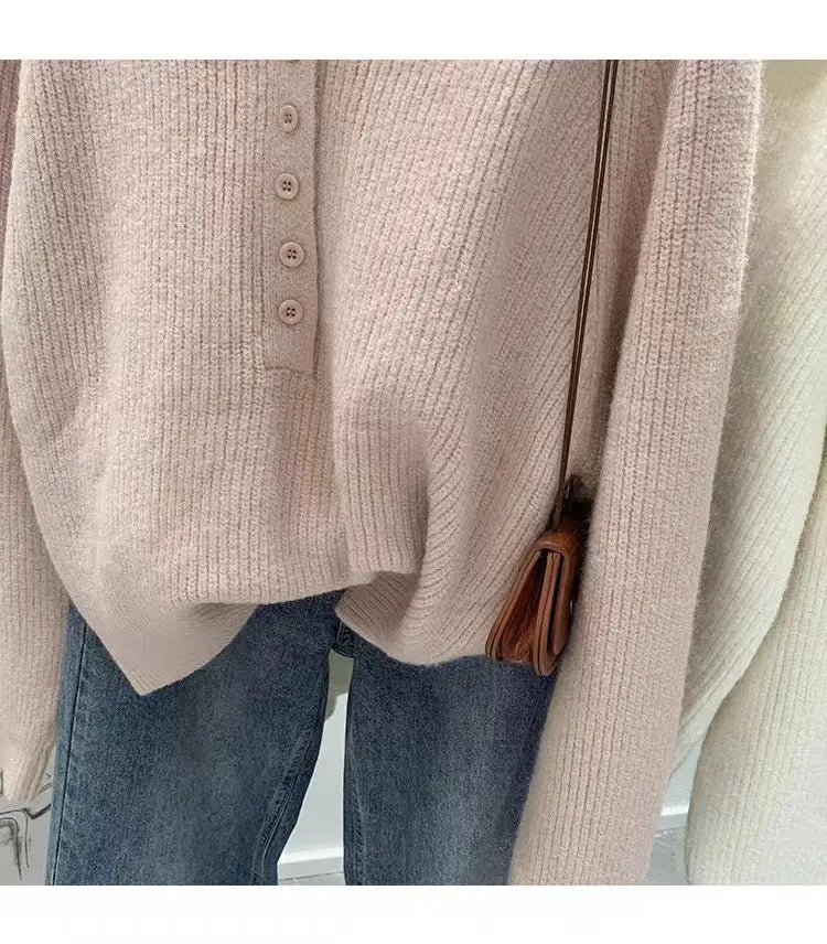 Pink Lazy Korean Style Big Collar Sweater – Women’s Autumn Winter Slim Soft Knitted Top | Sweet Loose Fit Versatile Knit