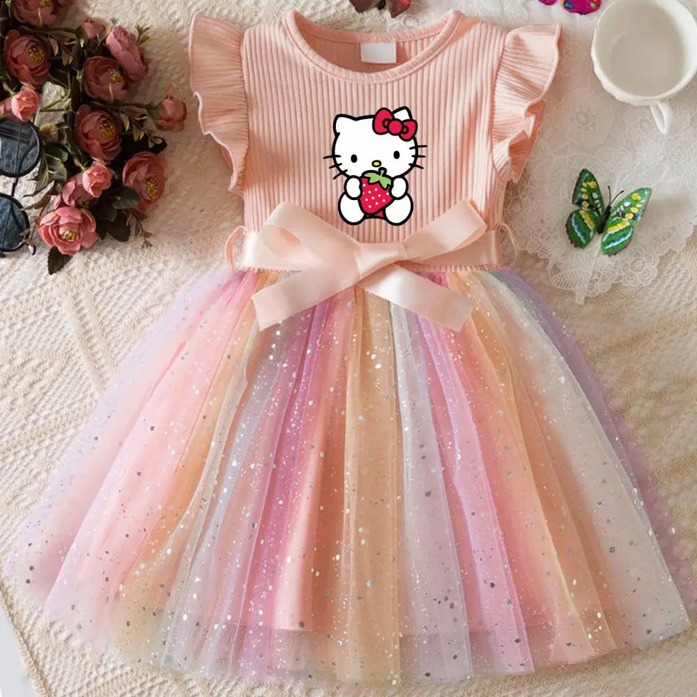 Hello Kitty Flying Sleeves Bow Sequin Princess Dress for Girls | Birthday Party Tutu Dress | Fluffy Baby Girl Dress 1–5 Years