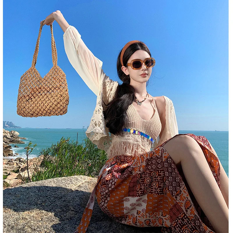 Vacation Style High Waist Wide Leg Pants – Thin Long Ethnic Print Pants for Beach & Holiday Wear
