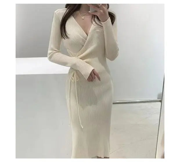 Chic V-ne Pleated Dstring Slimming Mid-length Wrap Body Knitted Dr Women's Sweater Dr Korean Sle High Waist A-line