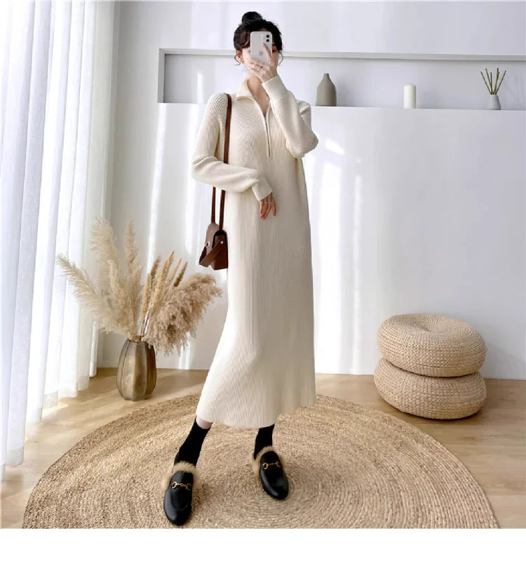 Autumn Winter High Collar Knitted Dress for Women – Loose Fit Long Sleeve Straight Tube Casual Warm Outfit