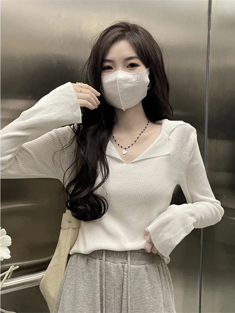 French Style Knitted Long Sleeve V-Neck Collar Sweater – Women’s Winter Base Layer Top | Stretchy Fit for Young Women