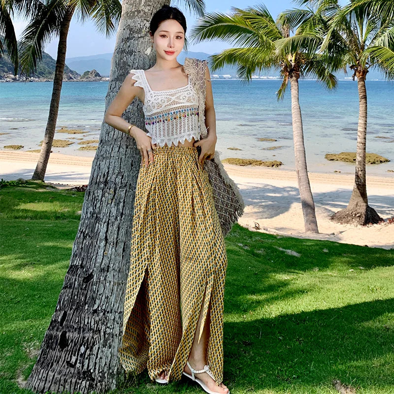 Vacation Style High Waist Wide Leg Pants – Thin Long Ethnic Print Pants for Beach & Holiday Wear