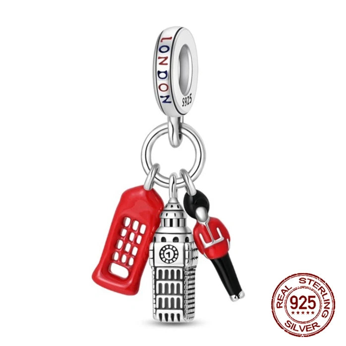 925 Sterling Silver London Red Telephone Booth & Soldier Charm | Souvenir Pendant Fit Original Bracelet | DIY Jewelry Gift