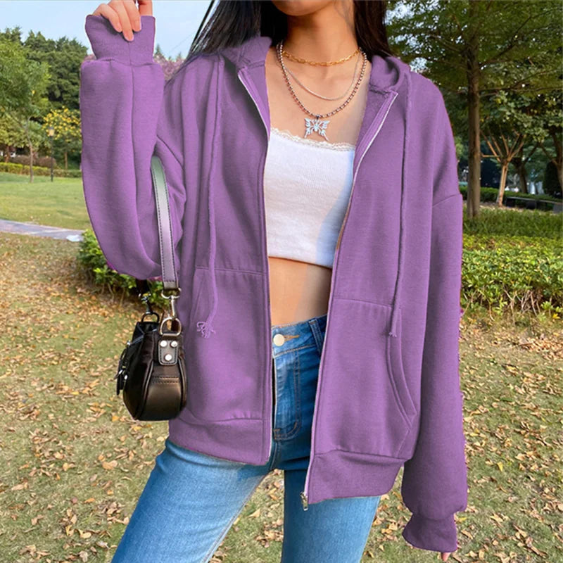 Autumn Fleece Hoodie for Women | Solid Color Korean Fashion Sweatshirt | Long Sleeve Top with Drawstring & Pockets