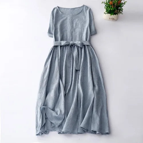 Japanese Style Loose Cotton Linen Dress – Women’s Vintage A-Line Over-Knee Long Dress with Round Neck