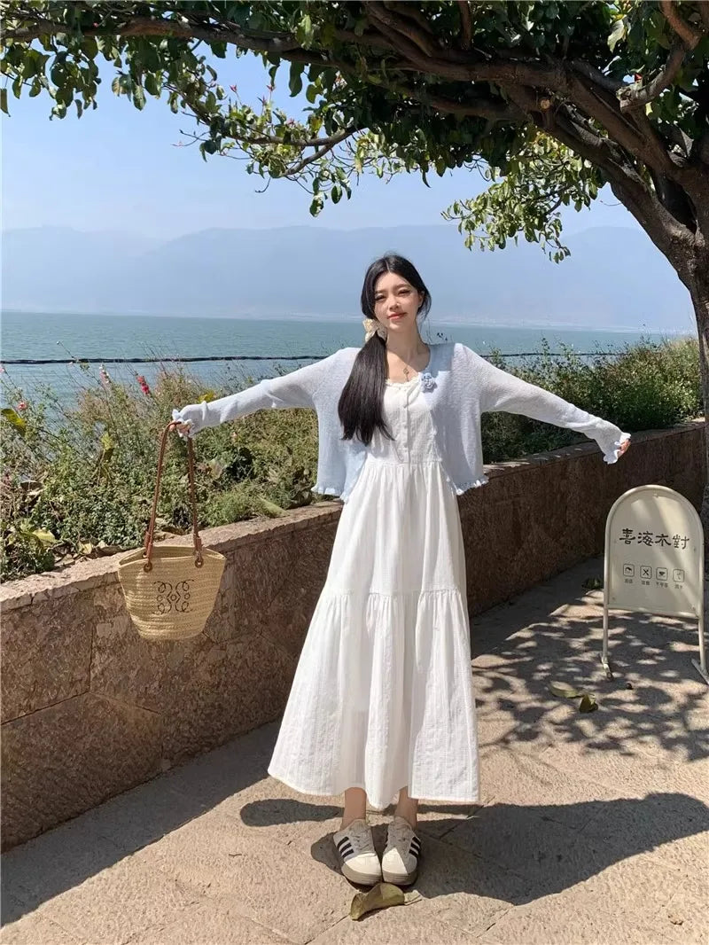 Summer 2025 Women’s Pure Cotton White Strap Dress with Long Sleeve Ice Silk Knitted Sun Protection Cardigan Set – Elegant Fashion