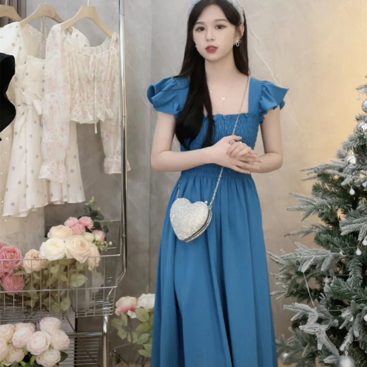Summer 2025 Ele Hepburn Sle Tea Break Midi Dr Gathered Waist ort Sve Square Collar Pleated A-Line Dr