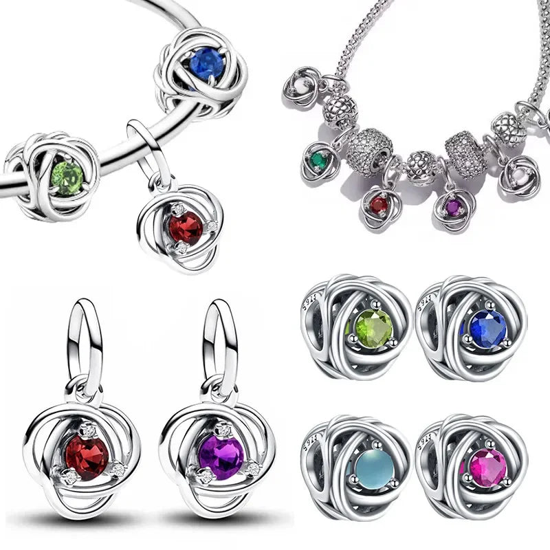 Silver S925 Twelve Month Birthstone Heart Eternity Charms | Fit Original Bracelet | Women’s DIY Fine Jewelry Beads