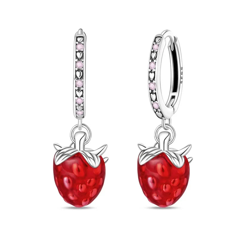 Original 925 Sterling Silver Fruit Series Earrings | Cherry & Strawberry Zircon Hoop Studs for Women Girls Party Jewelry