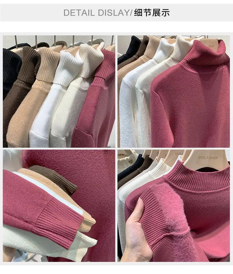 2025 Women’s High Collar Pullover Sweater – Thick Warm Soft Winter Top | Solid Color Bottoming Shirt
