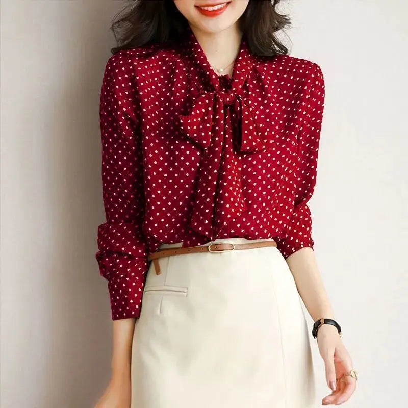 Spring Autumn Women’s Shawl Collar Long Sleeve Blouse – Bow Polka Dot Print Elegant Thin Shirt 🌸✨