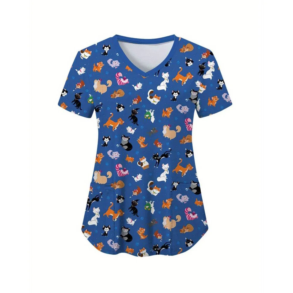 Women’s Medical Scrub Top – Cute Cartoon Print V-Neck Short Sleeve Nurse Dental Uniform 🩺🎀