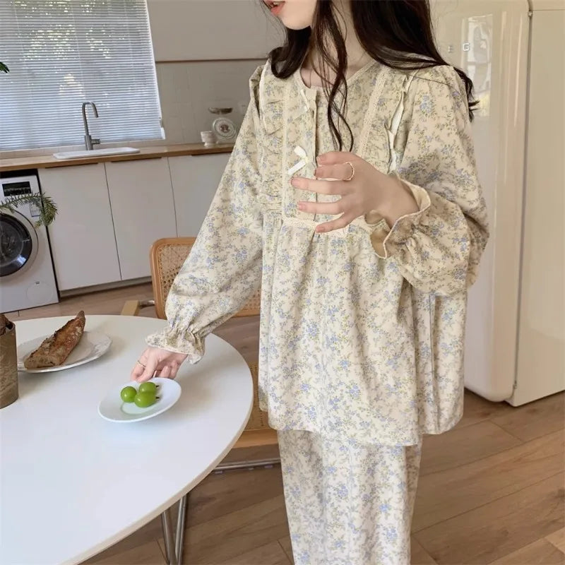 Women’s Plus Size Pajamas – Garden Style Student Homewear Two-Piece Set | Korean Version Bow Detail, Long Sleeve, Can Be Worn Outside