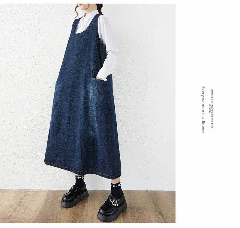 Loose Korean Style Plus Size Denim Vest Skirt – High Waist Over-Knee Slimming Cotton Jeans Corset Casual Dress for Women