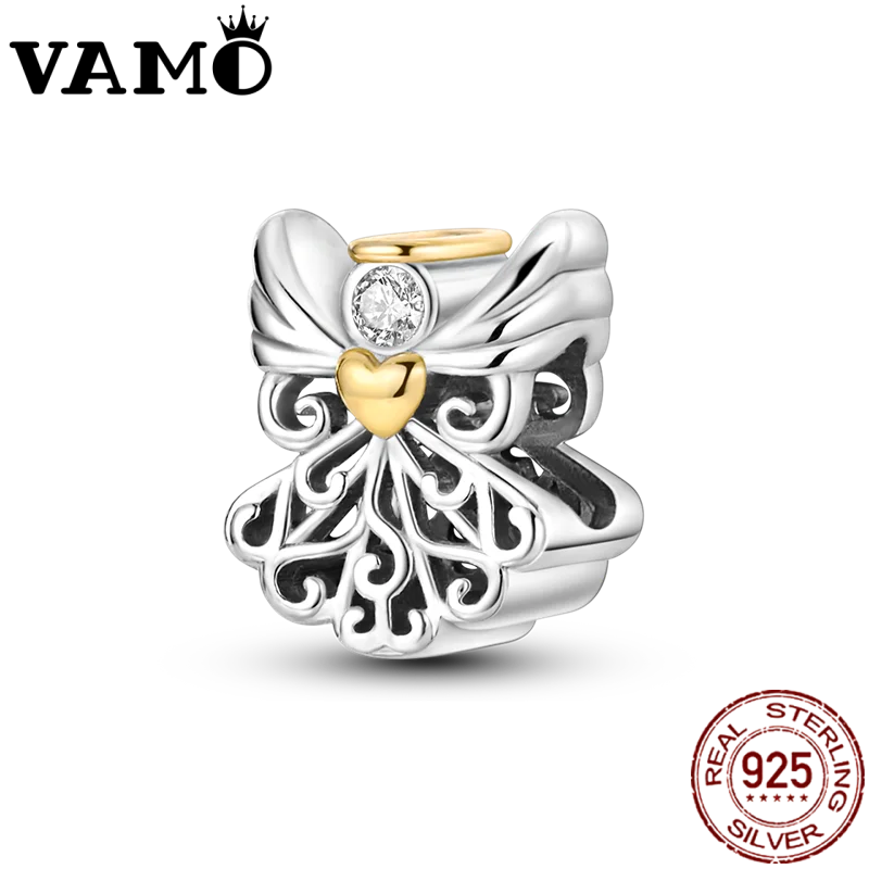 VAMO 925 Sterling Silver Holy Angels Charm Beads – Zircon Pendants for Bracelet Women Gift